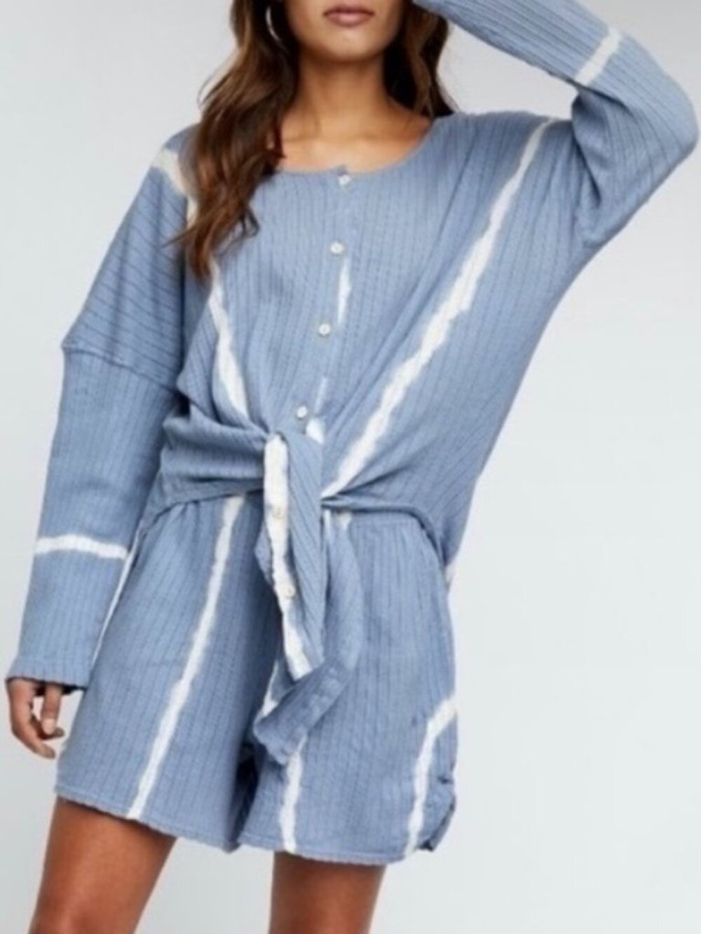 Free People Sleep Set Size XS Blue Combo Rib Long Sleeve Shorts Outfit Coquette